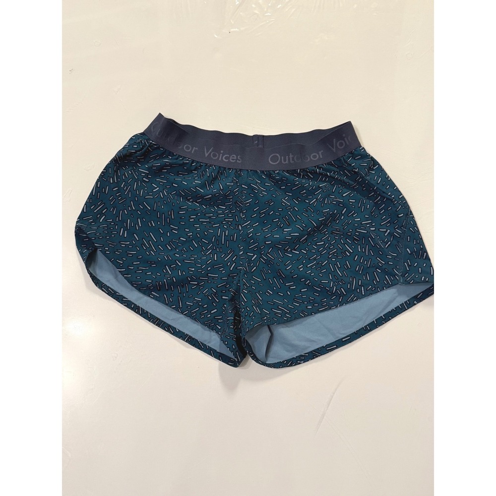 Outdoor Voices Relay Shorts Teal Dash Print Logo Waistband Womens Small